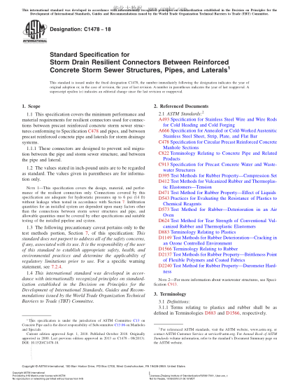 ASTM C1478-2018 Standard Specification for Storm Drain Resilient Connectors Between Reinforced Concrete Storm Sewer Structures, Pipes, and Laterals