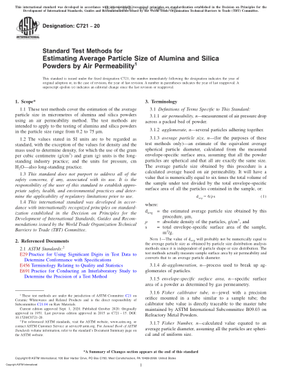 ASTM C721-2020  Standard Test Methods for Estimating Average Particle Size of Alumina and Silica Powders by Air Permeability