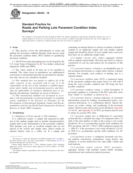 ASTM D6433-2018 道路和停车场路面条件系数测量规程 Standard Practice for Roads and Parking Lots Pavement Condition Index Surveys