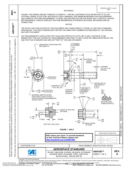 SAE AS9158A-2019  (R) Bolt-Machine, Double Hexagon, Extended Washer Head, Pd Shank, Steel (Sae 8740), Black Oxide, .2500-28 Unf-3A