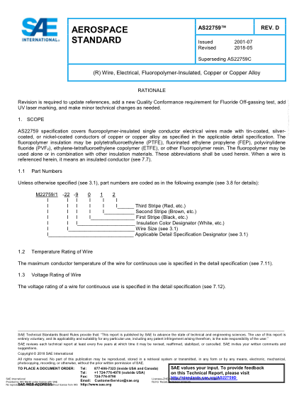 SAE AS22759D-2018  (R) Wire, Electrical, Fluoropolymer-Insulated, Copper Or Copper Alloy