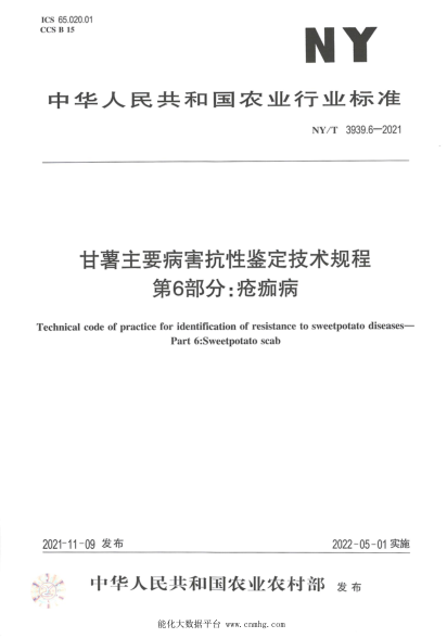  NY/T 3939.6-2021 甘薯主要病害抗性鉴定技术规程 第6部分：疮痂病