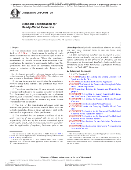 ASTM C94/C94M-2020  Standard Specification for Ready-Mixed Concrete