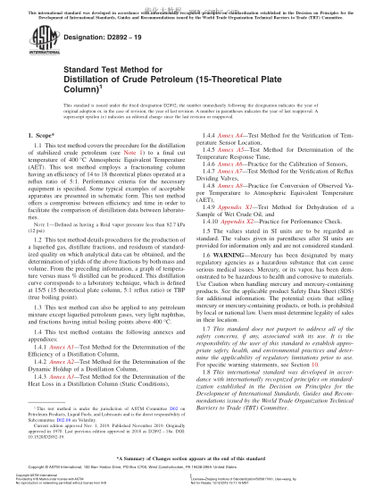 ASTM D2892-2019  Standard Test Method for Distillation of Crude Petroleum (15-Theoretical Plate Column)