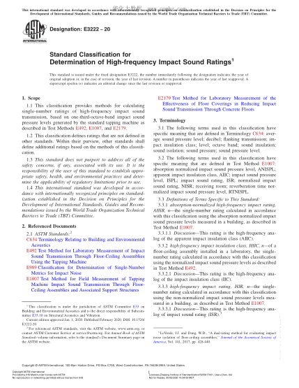 ASTM E3222-2020  Standard Classification for Determination of High-frequency Impact Sound Ratings