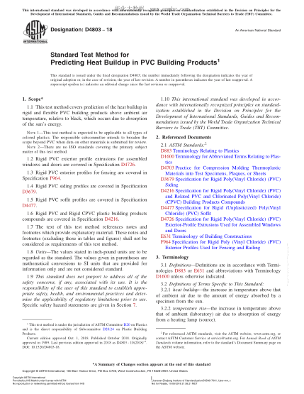 ASTM D4803-2018  Standard Test Method for Predicting Heat Buildup in PVC Building Products