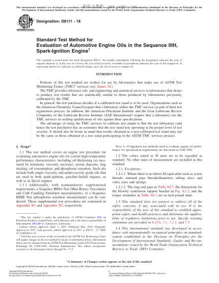 ASTM D8111-2018  Standard Test Method for Evaluation of Automotive Engine Oils in the Sequence IIIH,Spark-Ignition Engine