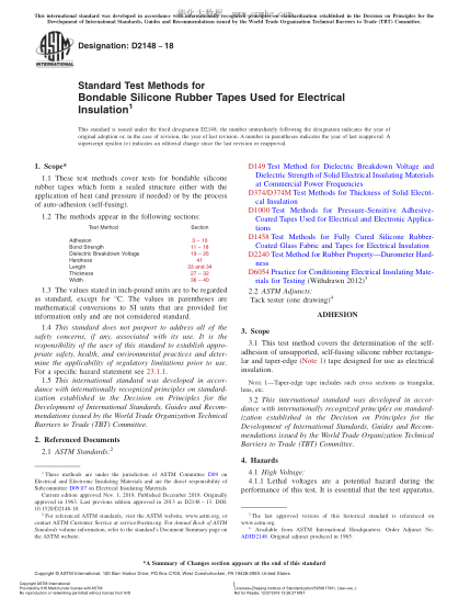 ASTM D2148-2018  Standard Test Methods for Bondable Silicone Rubber Tapes Used for Electrical Insulation