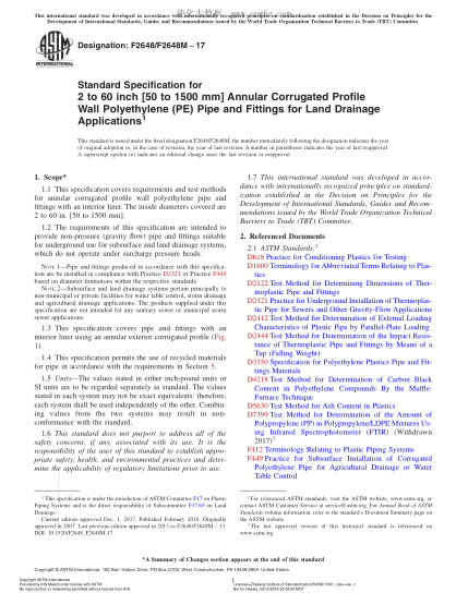 ASTM F2648/F2648M-2017 地面排水设施用2至60英寸（50至1500mm ）环状波纹剖面管壁聚氯乙烯管及管件规格 Standard Specification for 2 to 60 inch [50 to 1500 mm] Annular Corrugated Profile Wall Polyethylene (PE) Pipe and Fittings for Land Drainage Applications