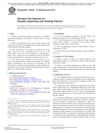 ASTM D5430-2013(2017) 纺织品目检和分级试验方法 Standard Test Methods for Visually Inspecting and Grading Fabrics