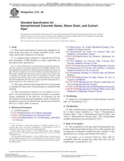 ASTM C14-2020Standard Specification for Nonreinforced Concrete Sewer, Storm Drain, and Culvert Pipe