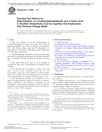 ASTM D7881-2019 用带反向电压模式的毛细管电泳测定精对苯二甲酸中对甲酰基苯甲酸和对甲苯甲酸的试验方法 Standard Test Method for Determination of 4-Carboxybenzaldehyde and p-Toluic Acid in Purified Terephthalic Acid by Capillary Electrophoresis with Reverse Voltage Mode