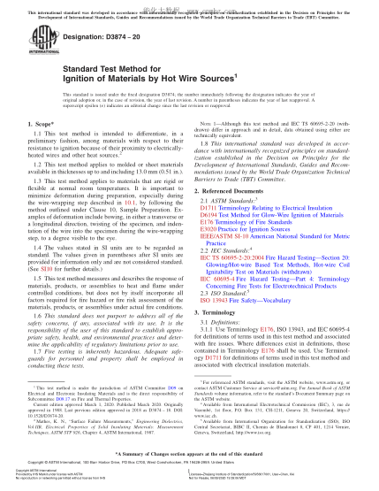 ASTM D3874-2020  Standard Test Method for Ignition of Materials by Hot Wire Sources