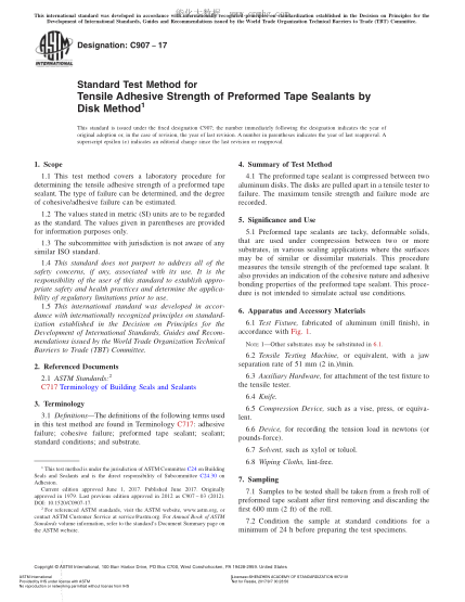 ASTM C907-2017 用圆盘法测定预制密封带拉伸粘接强度的试验方法 Standard Test Method for Tensile Adhesive Strength of Preformed Tape Sealants by Disk Method