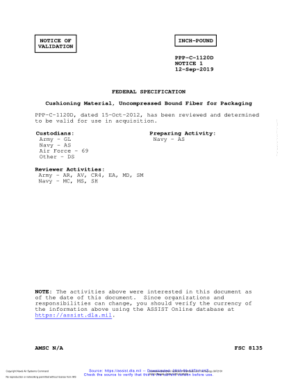 NAVY PPP-C-1120D VALID NOTICE 1-2019  Cushioning Material, Uncompressed Bound Fiber For Packaging