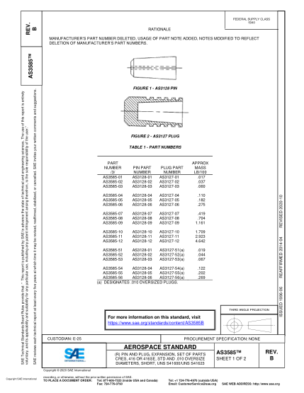 SAE AS3585B-2020  (R) Pin And Plug, Expansion, Set Of Parts Cres, 416 Or 416Se, Std And .010 Oversize Diameters, Short, Uns S41600/Uns S41623