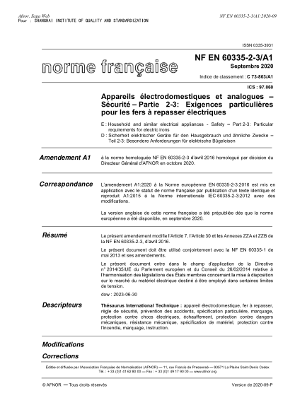 NF EN 60335-2-3/A1-2020  Household and similar electrical appliances - Safety - Part 2-3 : particular requirements for electric irons