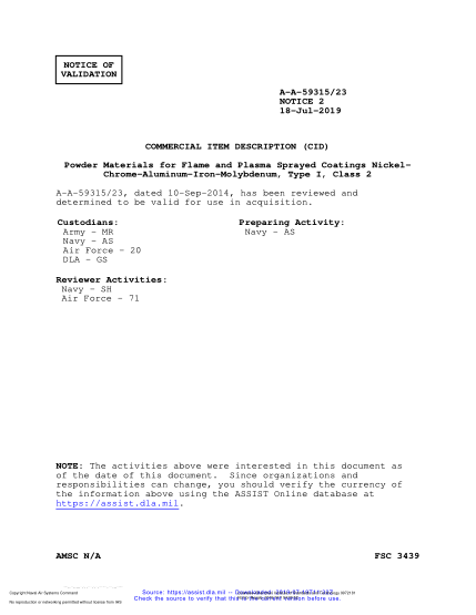 NAVY A-A-59315/23 VALID NOTICE 2-2019  Powder Materials For Flame And Plasma Sprayed Coatings Nickel-Chrome-Aluminum-Iron-Molybdenum, Type I, Class 2