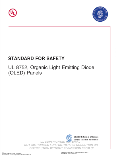 UL 8752-2012  UL Standard for Safety Organic Light Emitting Diode (OLED) Panels First Edition