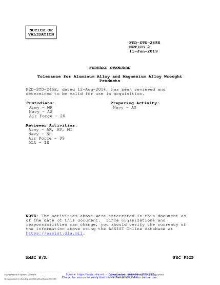 NAVY FED-STD-245E VALID NOTICE 2-2019  Tolerance For Aluminum Alloy And Magnesium Alloy Wrought Products