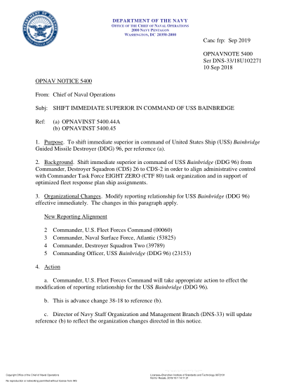 NIDS OPNAV NOTE 5400 18U102271-2018  (Ser Dns-33/18U102271) Shift Immediate Superior In Command Of Uss Bainbridge