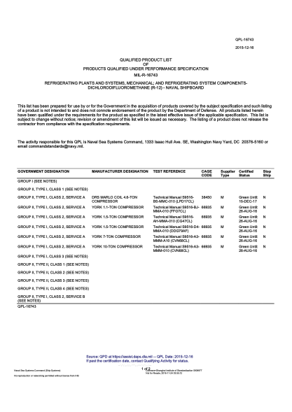 NAVY QPL-16743-2015  Refrigerating Plants And Systems,Mechanical;And Refrigerating System Componentsdichlorodifluoromethane (R-12). Naval Shipboard