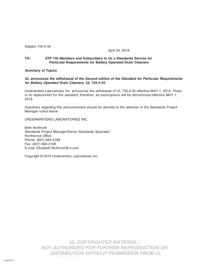 UL 745-4-35 BULLETIN-2019  UL Standard For Safety Particular Requirements For Battery Operated Drain Cleaners