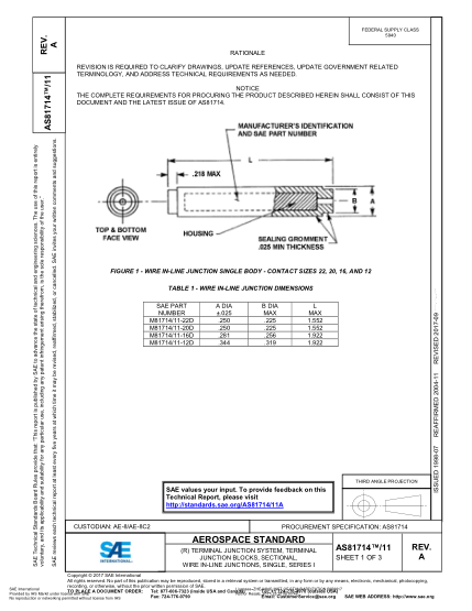 SAE AS81714/11A-2017  (R) Terminal Junction System, Terminal Junction Blocks, Sectional, Wire In-Line Junctions, Single, Series I