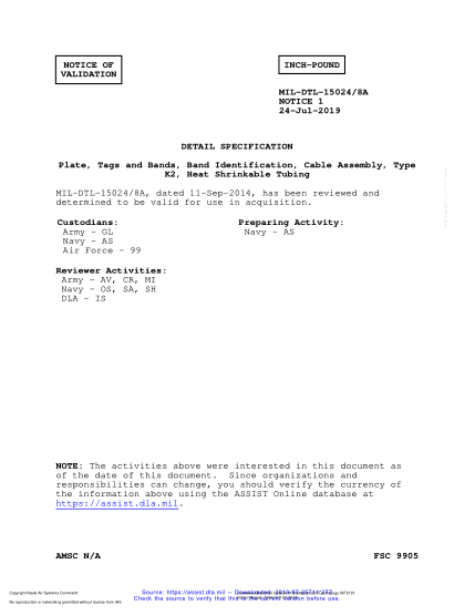 NAVY MIL-DTL-15024/8A VALID NOTICE 1-2019  Plate, Tags And Bands, Band Identification, Cable Assembly, Type K2, Heat Shrinkable Tubing