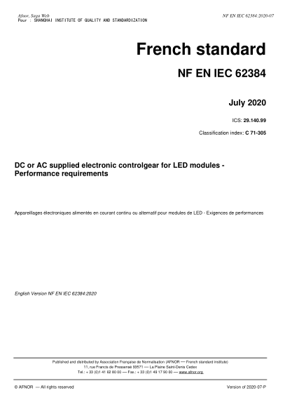 NF C71-305-2020  DC or AC supplied electronic controlgear for LED modules - Performance requirements