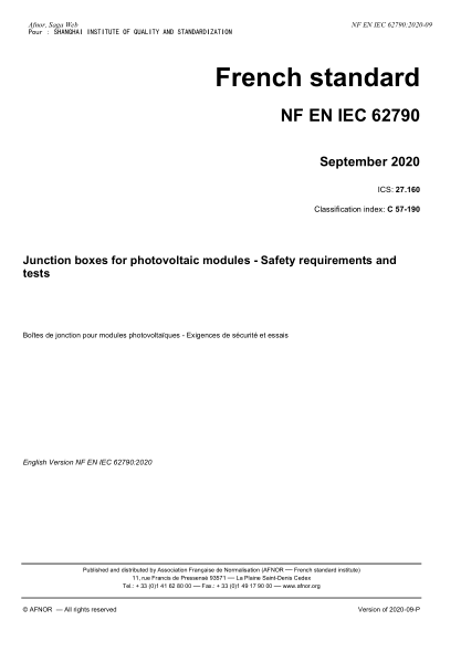 NF C57-190-2020  Junction boxes for photovoltaic modules - Safety requirements and tests