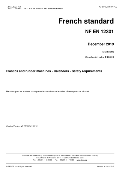 NF E63-611-2019  Plastics and rubber machines - Calenders - Safety requirements