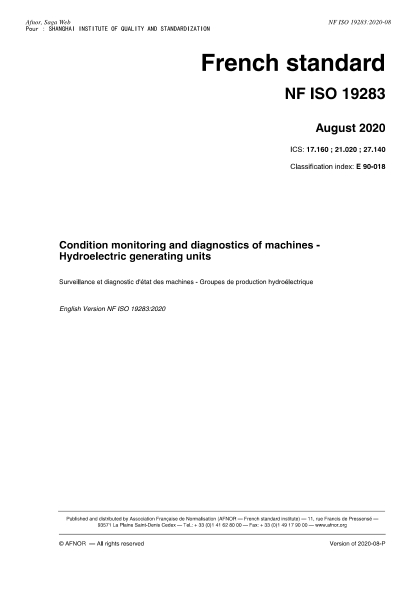 NF E90-018-2020  Condition monitoring and diagnostics of machines - Hydroelectric generating units