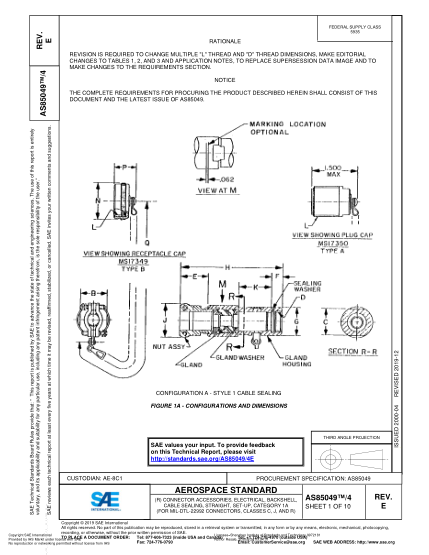 SAE AS85049/4E-2019  (R) CONNECTOR ACCESSORIES, ELECTRICAL, BACKSHELL, CABLE SEALING, STRAIGHT, SET-UP, CATEGORY 1A (FOR MIL-DTL-22992 CONNECTORS, CLASSES C, J, AND R)