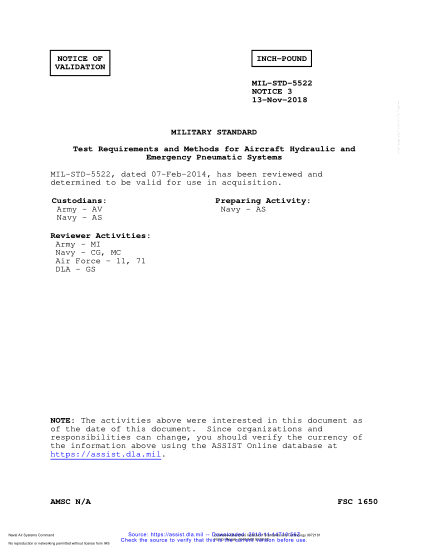 NAVY MIL-STD-5522 VALID NOTICE 3-2018  Test Requirements And Methods For Aircraft Hydraulic And Emergency Pneumatic Systems